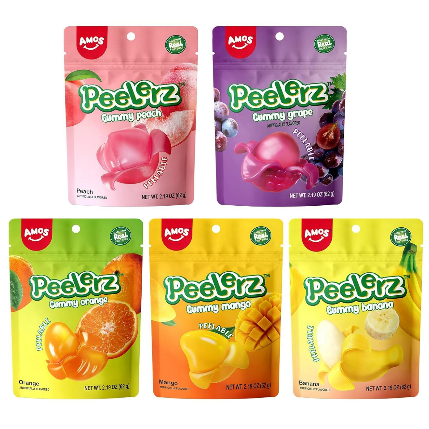 Peelerz Gummy Variety Pack - 5 Individual Packs, Peelable Fruity Gummies in Mango, Orange, Peach, Grape, and Banana Flavors