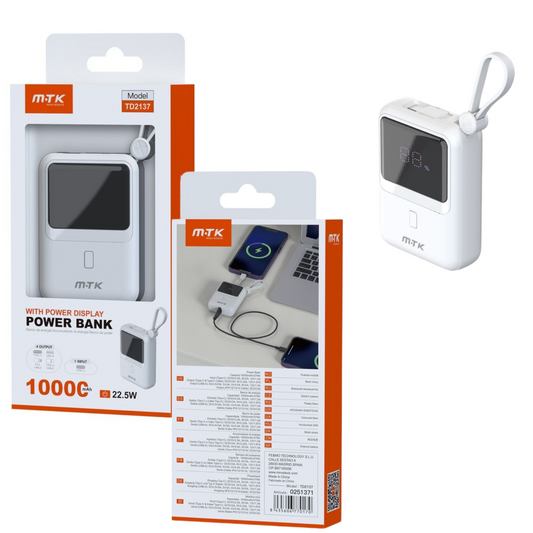 MTK 10000mAh Power Bank with LED Display & 22.5W Fast Charging (TD2137)